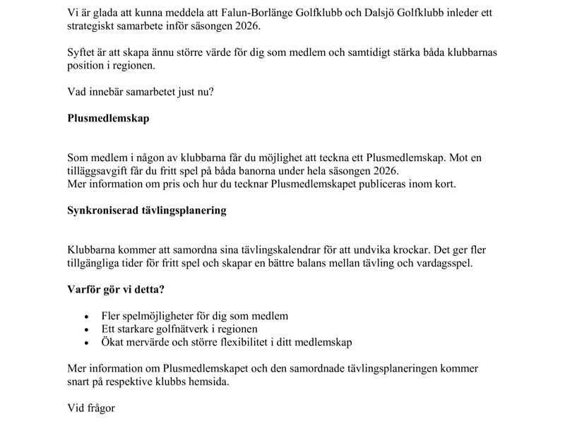 Strategiskt samarbete Falun-Borlänge Golfklubb och Dalsjö Golfklubb